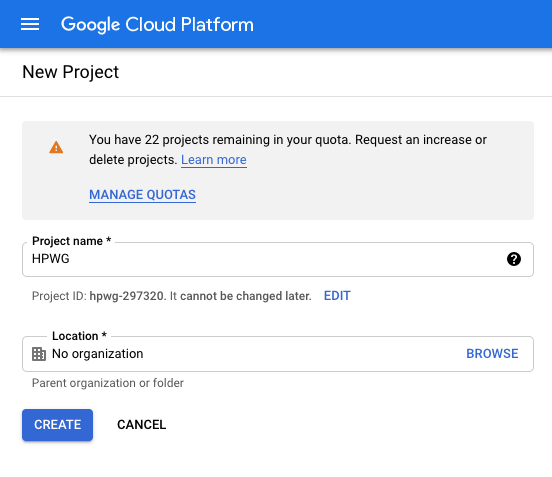 GCP new project screen